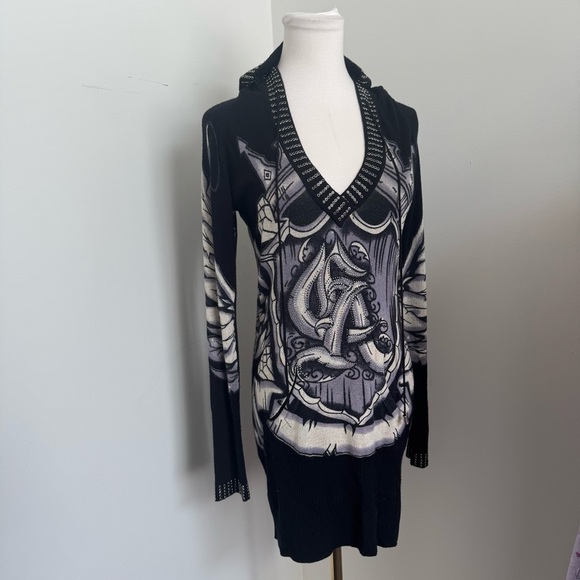 Christian Audigier Hoodie Dress – Gothic Tattoo Print, Rhinestone, LA Streetwear - Picture 4 of 15